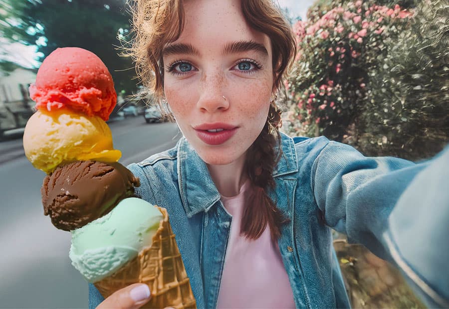 Junge Frau mit roten Haaren und Jeansjacke hält ein Eis mit vier Kugeln in verschiedenen Farben in der Waffel.
