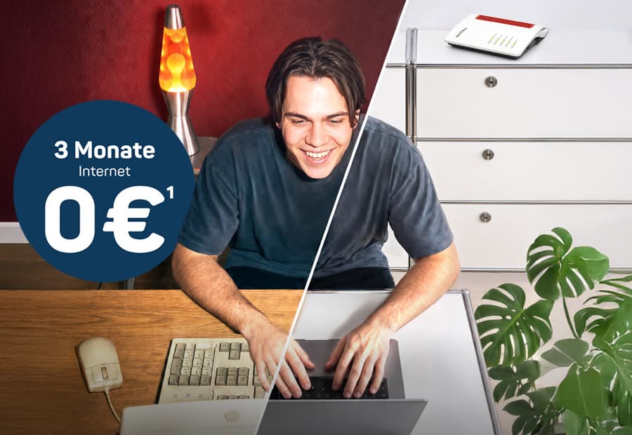 Junger Mann mit einem alten Computer und einem modernen Laptop samt Glasfaser-Router